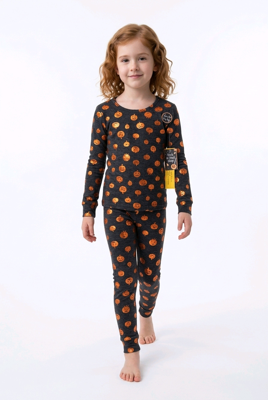 Trick or Treat Sleep Halloween Foil Pumpkin Pajama Set Girls 4 NWT